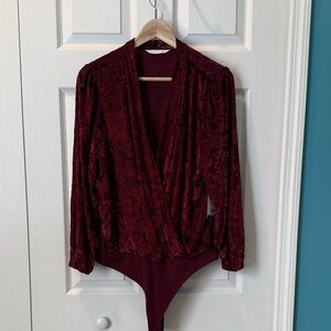 NWT LC Lauren Conrad XL Deep Red/Burgundy Flocked Velvet Bodysuit